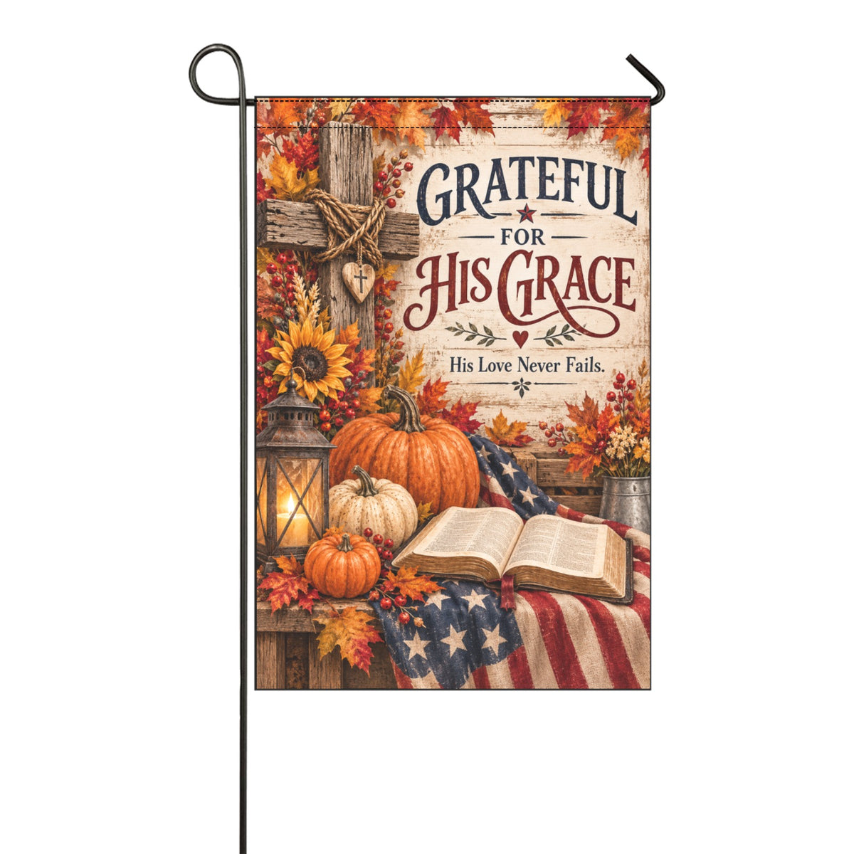 Grateful for His Grace Garden Flag 12x18, Fall Christian Garden Decor, Faith Garden Flag, Autumn Cross Flag, Religious Outdoor DecorGarden (Made in USA)