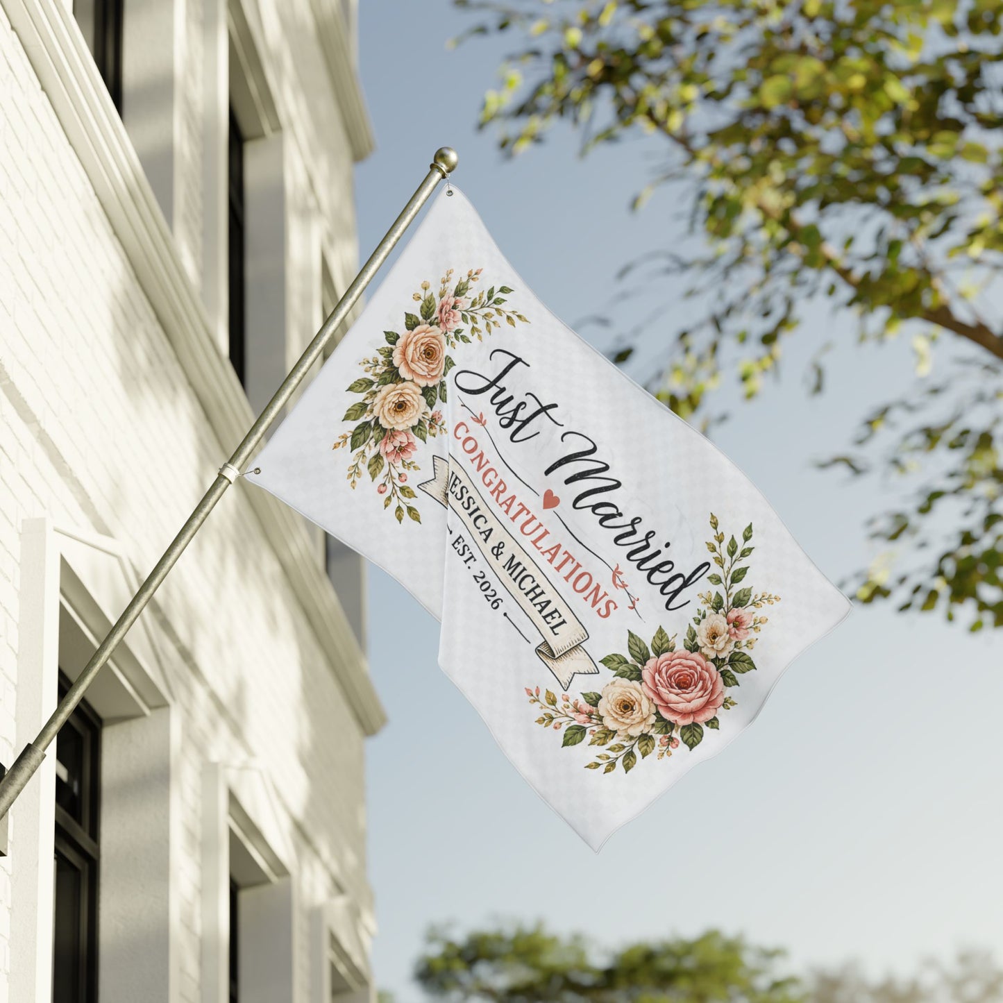Just Married Floral Congratulations Flag — Double-Sided Personalized Wedding Banner