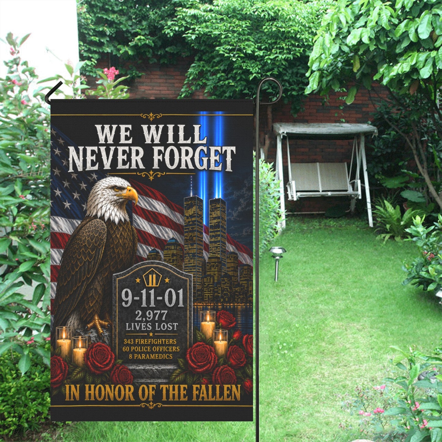 We Will Never Forget 9/11 Garden Flag | In Honor of the Fallen 36x60 inch（Made in USA）
