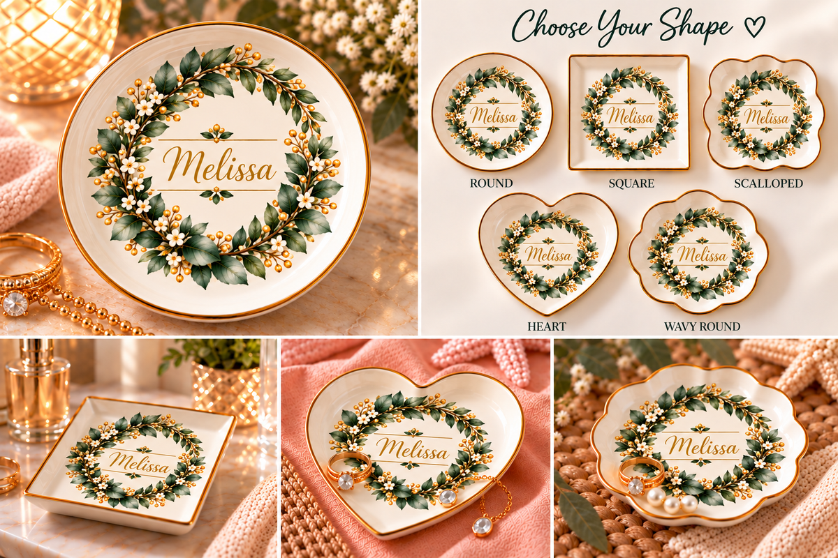 Personalized Botanical Jewelry Dish, Custom Name Trinket Tray, Eucalyptus Floral Ring Holder, Elegant Gift for Her
