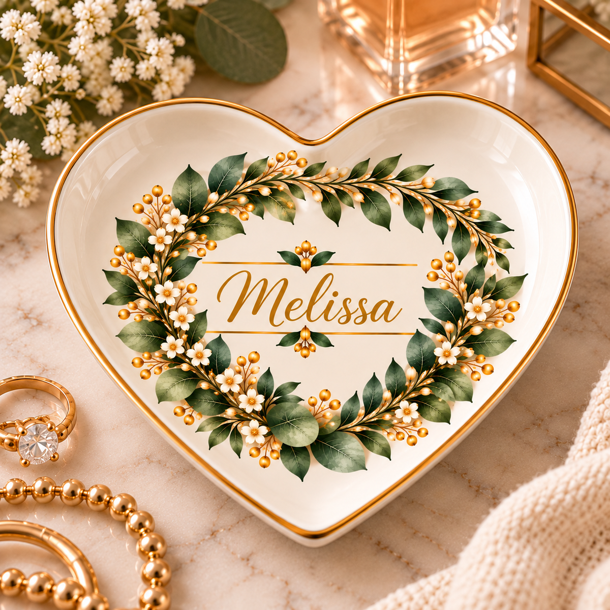 Personalized Botanical Jewelry Dish, Custom Name Trinket Tray, Eucalyptus Floral Ring Holder, Elegant Gift for Her