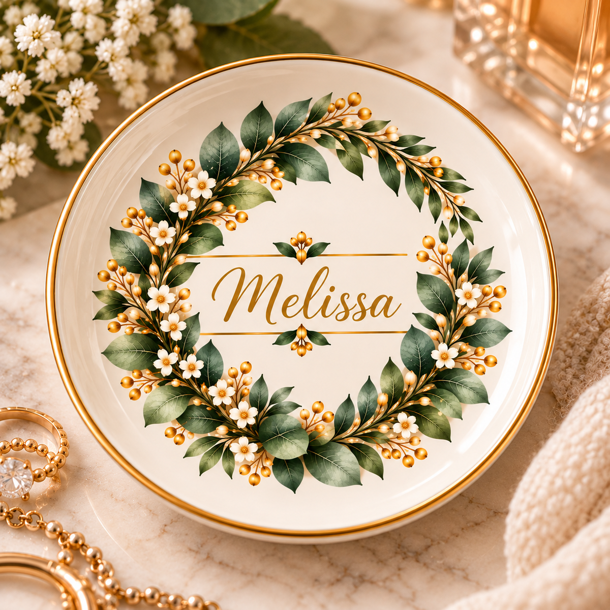 Personalized Botanical Jewelry Dish, Custom Name Trinket Tray, Eucalyptus Floral Ring Holder, Elegant Gift for Her