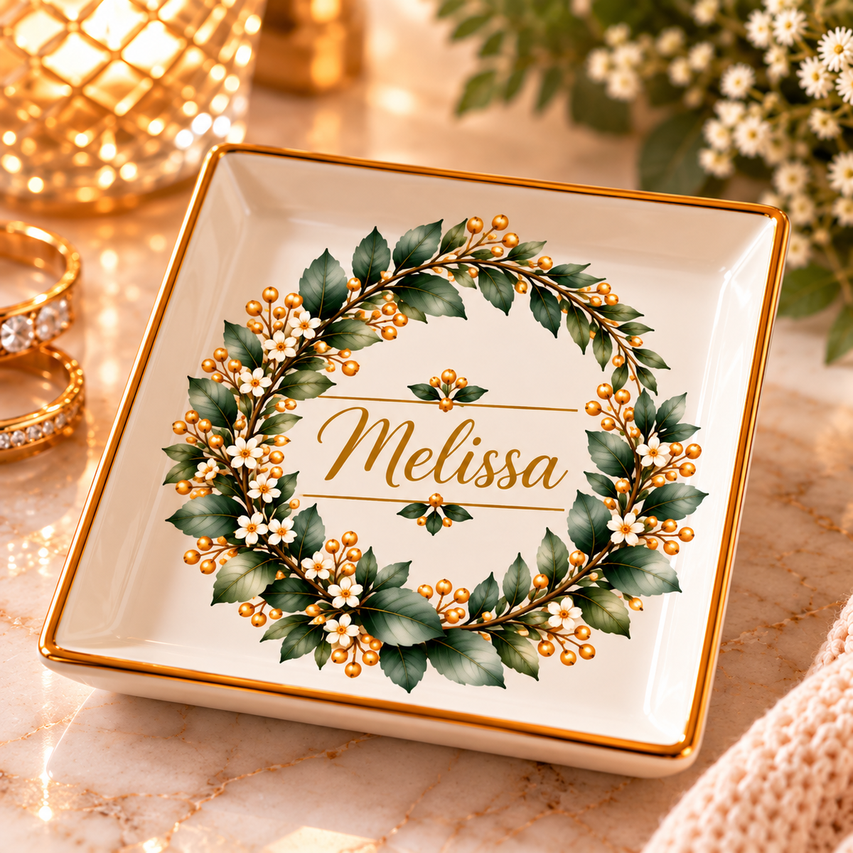 Personalized Botanical Jewelry Dish, Custom Name Trinket Tray, Eucalyptus Floral Ring Holder, Elegant Gift for Her