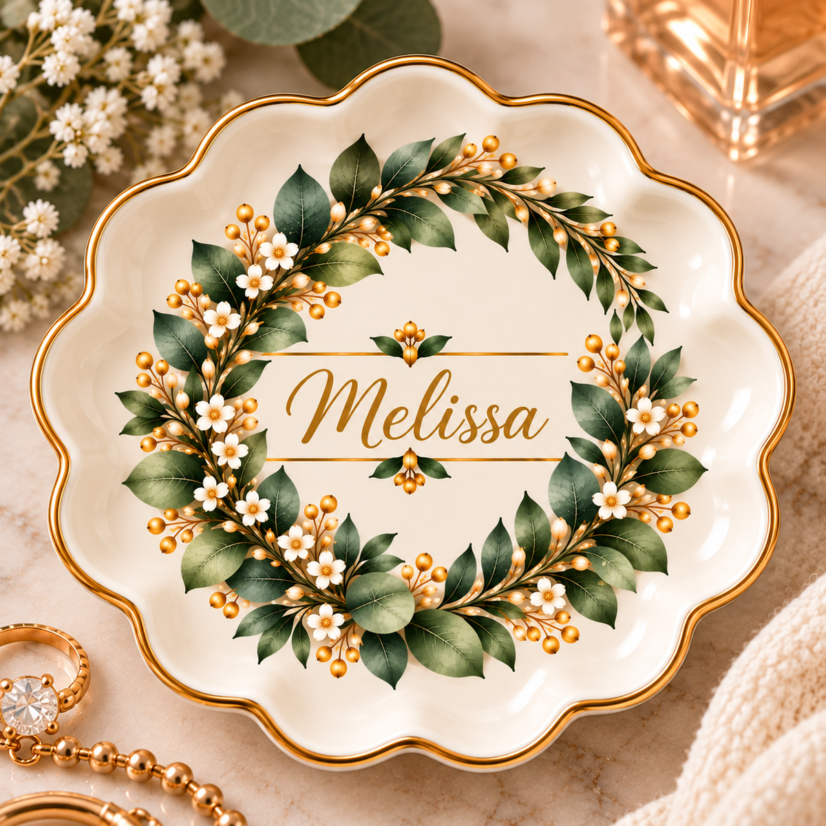 Personalized Botanical Jewelry Dish, Custom Name Trinket Tray, Eucalyptus Floral Ring Holder, Elegant Gift for Her