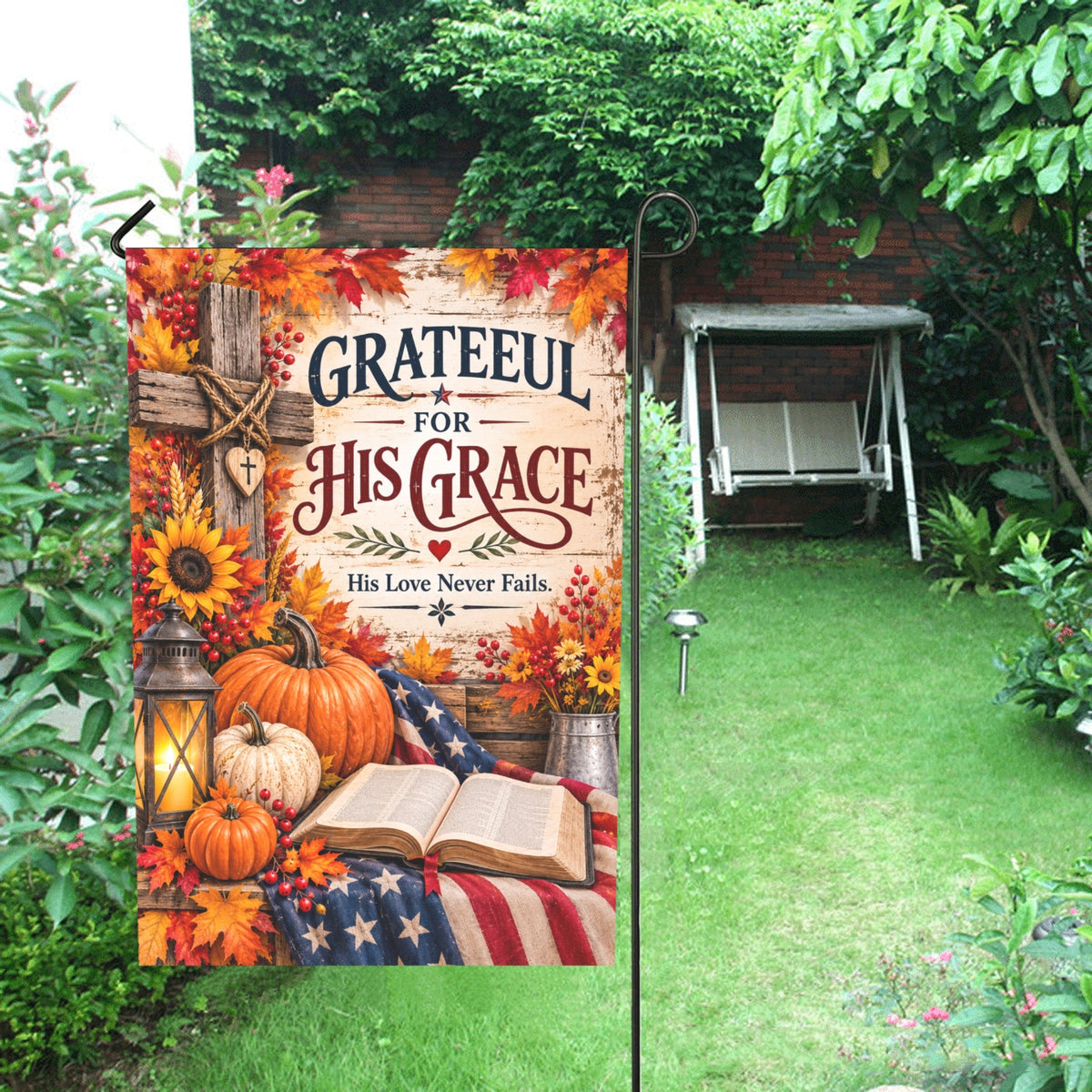 Grateful for His Grace Fall Christian Garden Decor, Faith Garden Flag, Autumn Cross Flag, Religious Outdoor DecorGarden 28x40 inch (Made in USA)