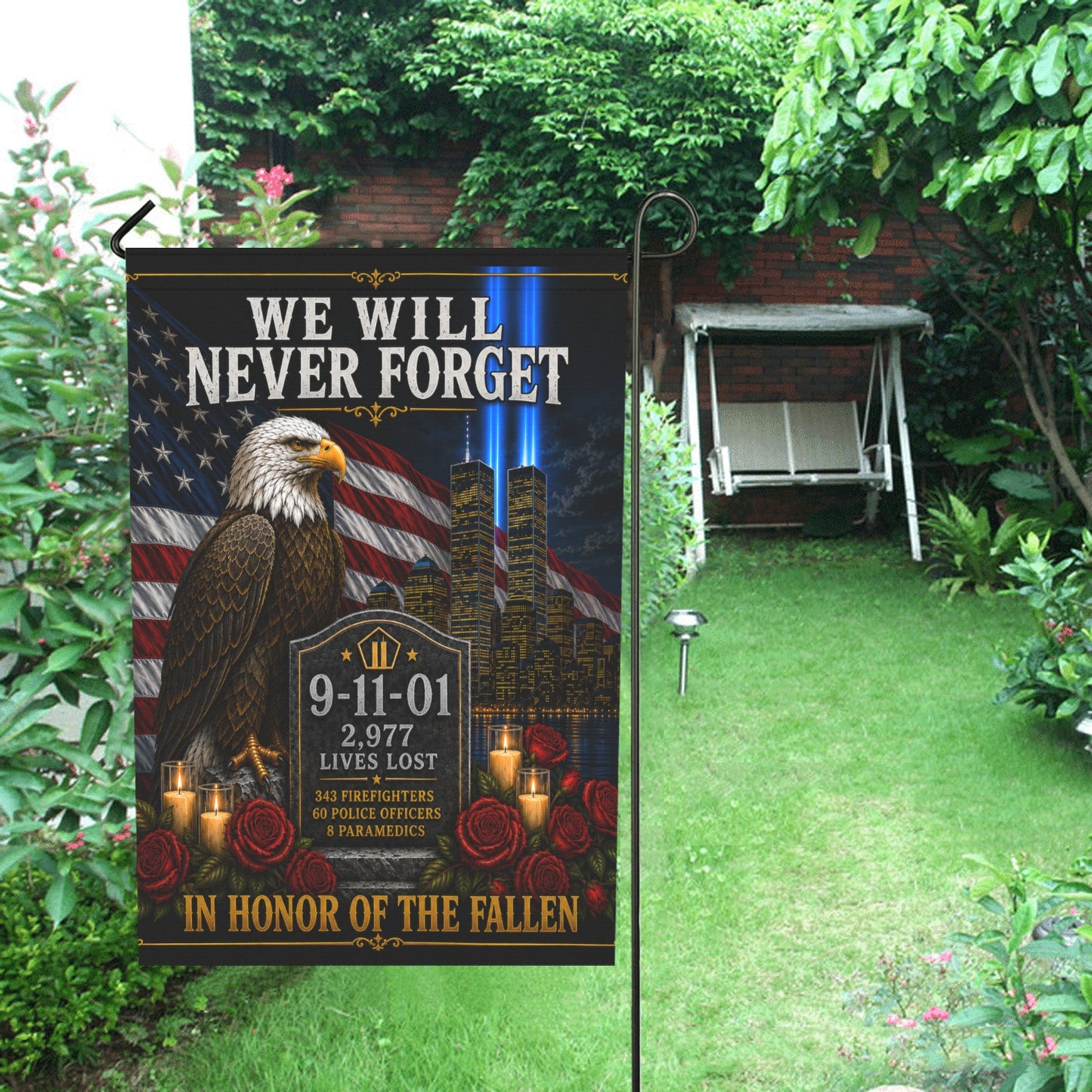 We Will Never Forget 9/11 Garden Flag | In Honor of the Fallen  28x40 inch（Made in USA）
