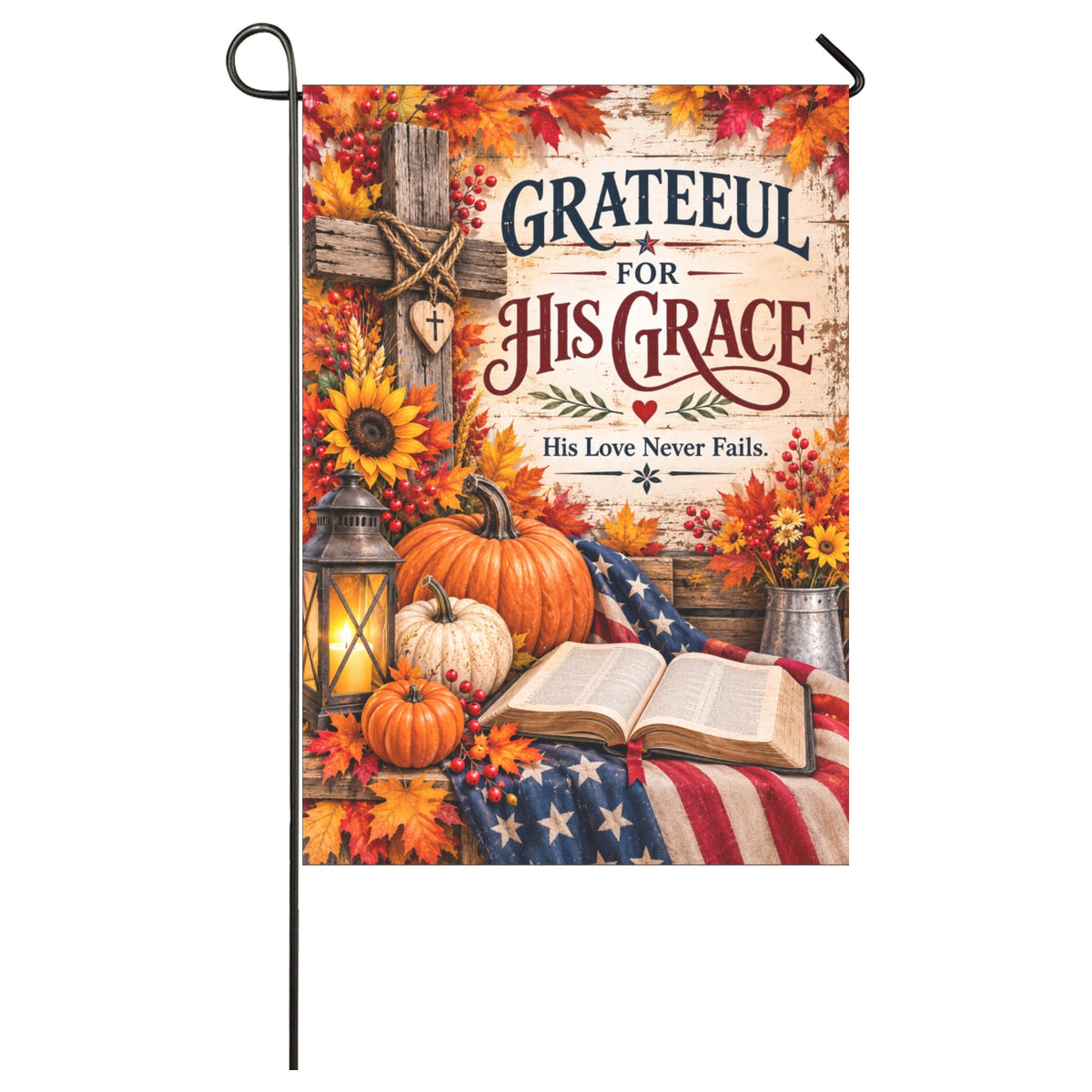 Grateful for His Grace Fall Christian Garden Decor, Faith Garden Flag, Autumn Cross Flag, Religious Outdoor DecorGarden 28x40 inch (Made in USA)