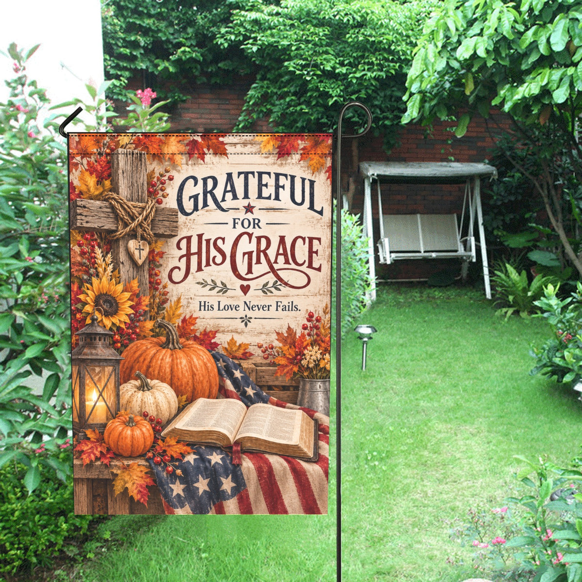 Grateful for His Grace Garden Flag 12x18, Fall Christian Garden Decor, Faith Garden Flag, Autumn Cross Flag, Religious Outdoor DecorGarden (Made in USA)