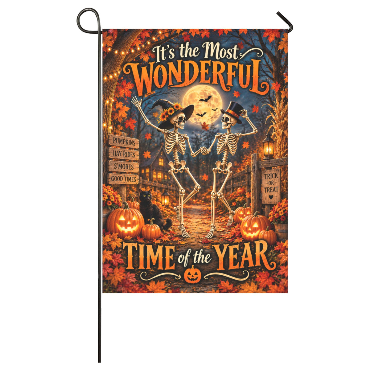 Halloween Garden Flag 12x18, Skeleton Couple, Pumpkin Patch Decor, Fall Outdoor Flag Garden 28x40 inch（Made in USA）