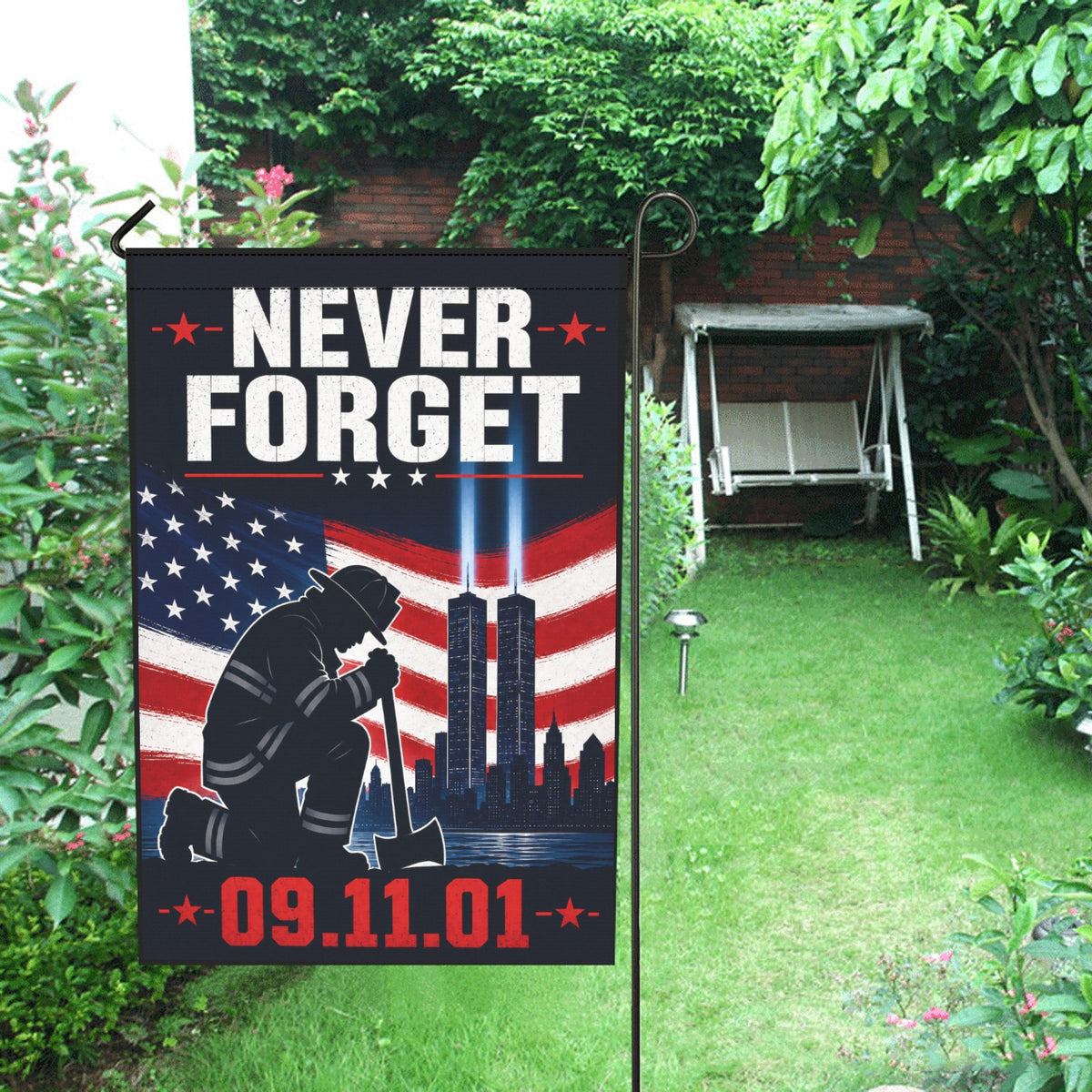 Never Forget Our Heroes Garden Flag | Firefighter Support Flag | Honor the Brave 12x 18 inch(Made in USA)