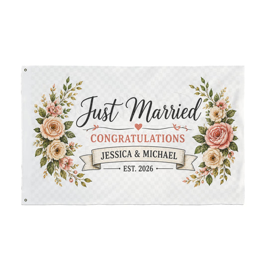 Just Married Floral Congratulations Flag — Double-Sided Personalized Wedding Banner