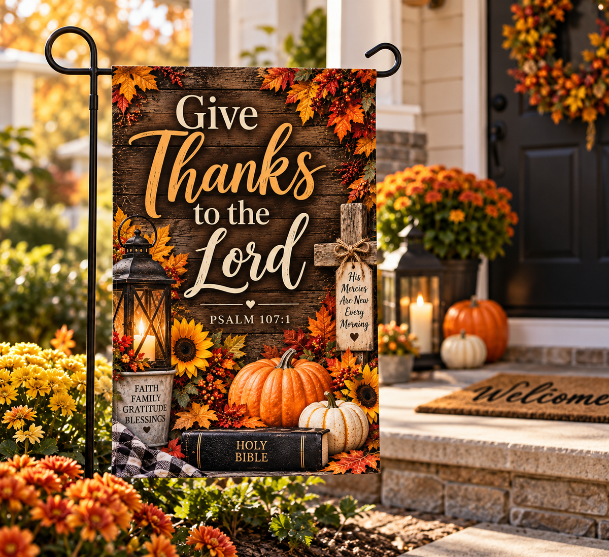 Give Thanks to the Lord Garden Flag – Christian Fall Garden Flag, Psalm 107:1, Thanksgiving Outdoor Decor