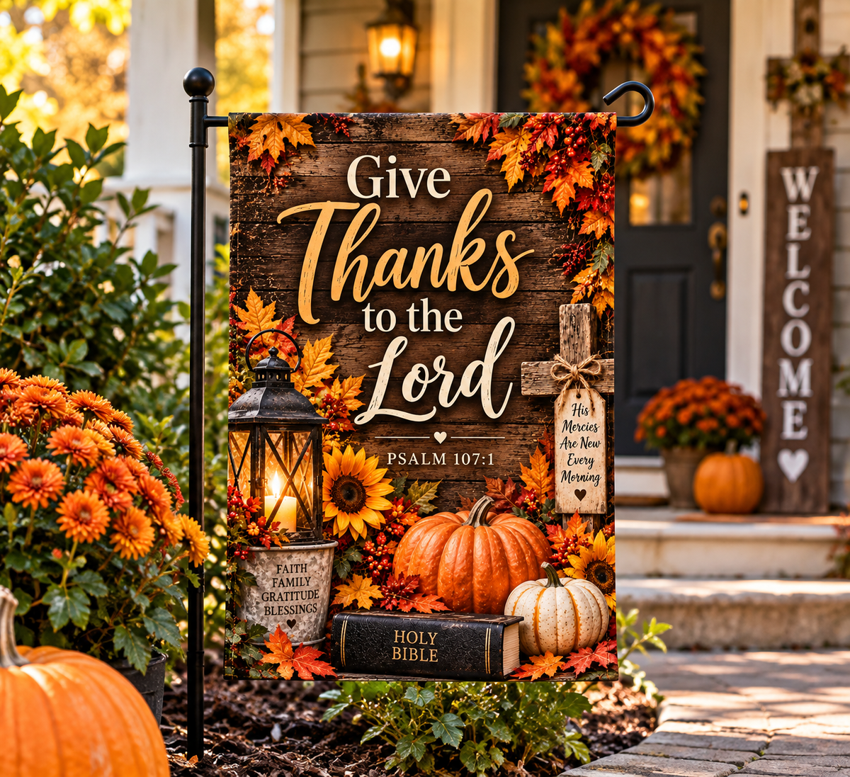 Give Thanks to the Lord Garden Flag – Christian Fall Garden Flag, Psalm 107:1, Thanksgiving Outdoor Decor
