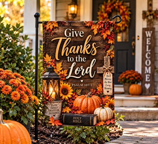 Give Thanks to the Lord Garden Flag – Christian Fall Garden Flag, Psalm 107:1, Thanksgiving Outdoor Decor