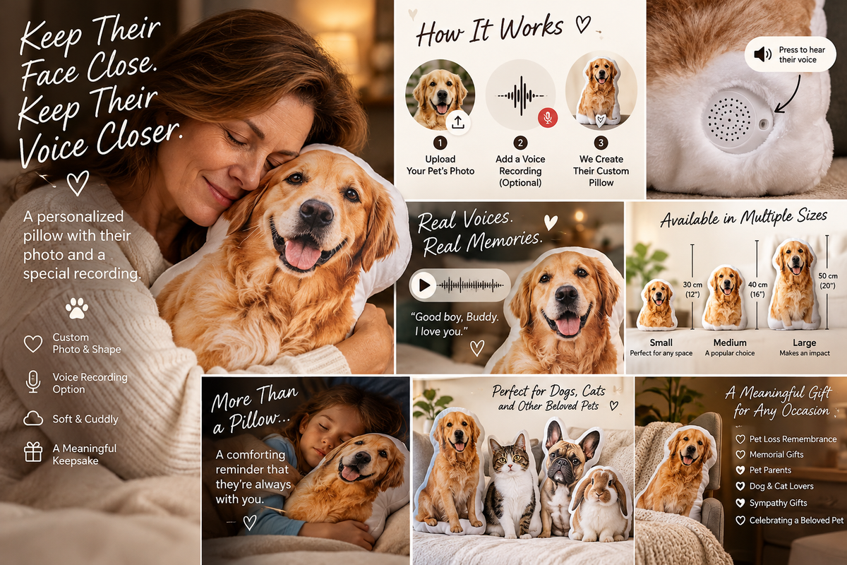 Personalized Pet Photo Voice Pillow – Custom Pet Photo Keepsake with Voice Recording