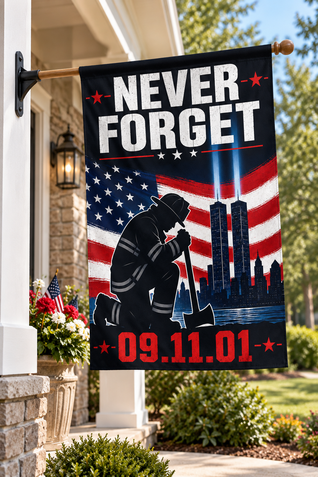 Never Forget Our Heroes Garden Flag | Firefighter Support Flag | Honor the Brave 12x 18 inch(Made in USA)