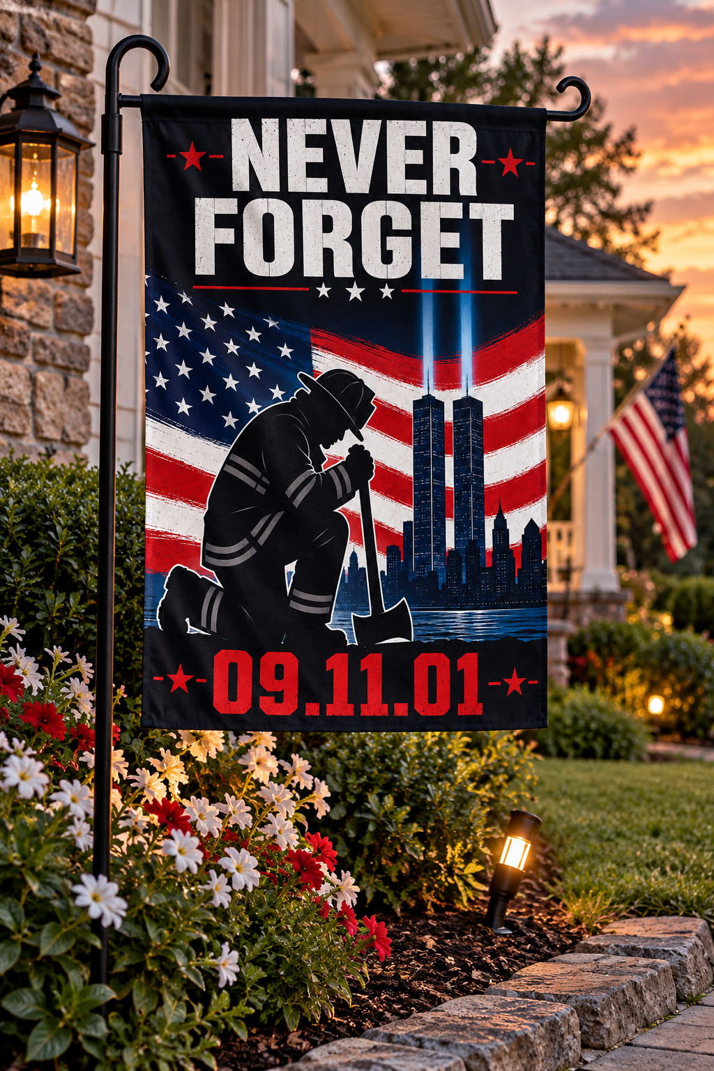 Never Forget Our Heroes Garden Flag | Firefighter Support Flag | Honor the Brave 12x 18 inch(Made in USA)
