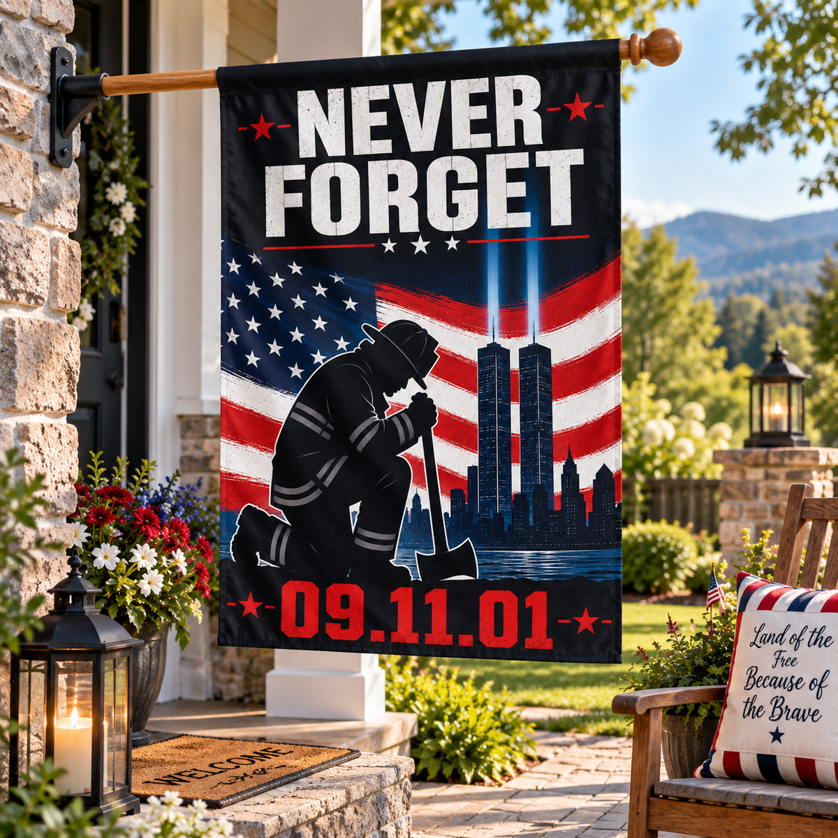Never Forget Our Heroes Garden Flag | Firefighter Support Flag | Honor the Brave 12x 18 inch(Made in USA)