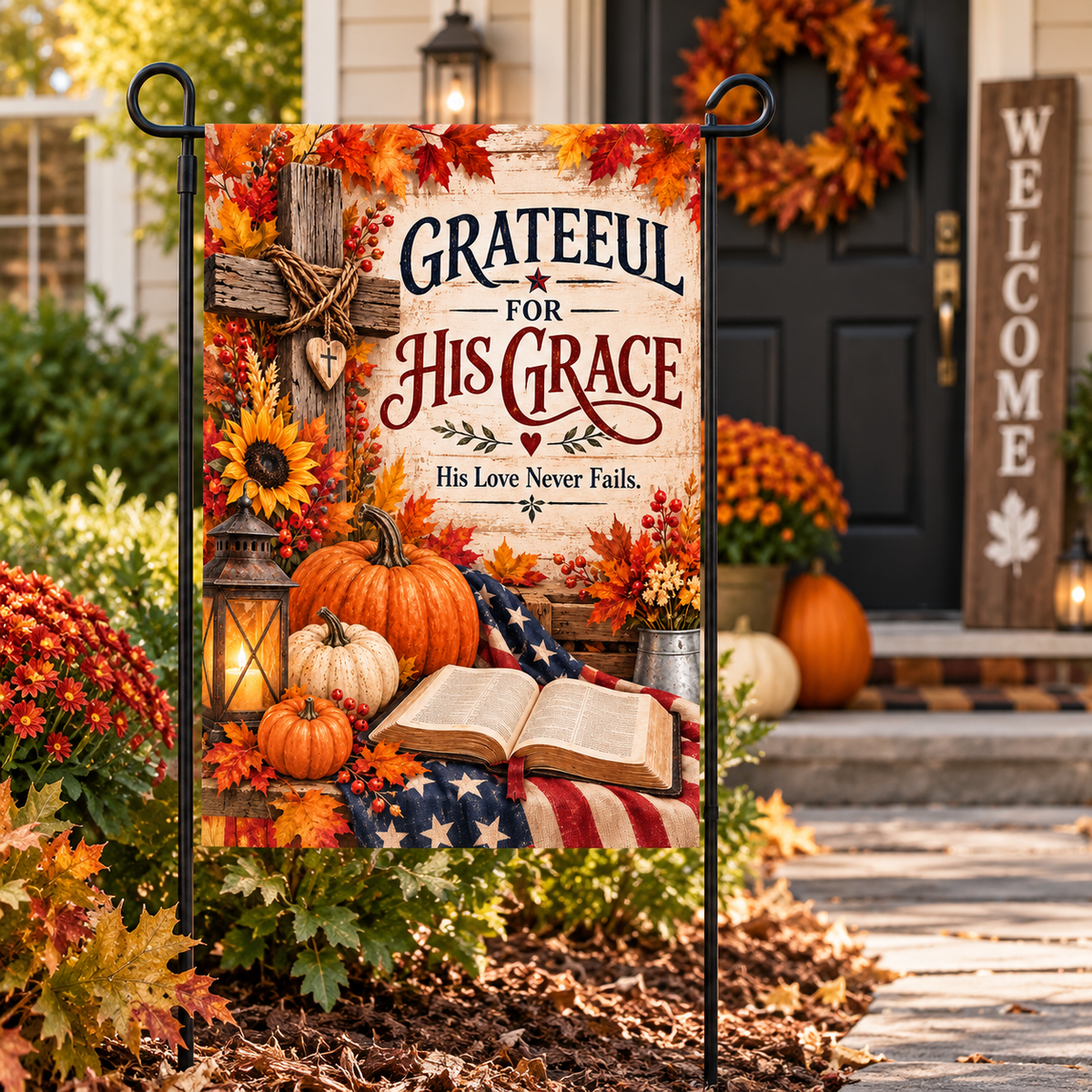 Grateful for His Grace Garden Flag 12x18, Fall Christian Garden Decor, Faith Garden Flag, Autumn Cross Flag, Religious Outdoor DecorGarden (Made in USA)