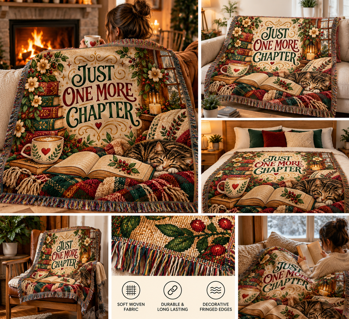 Just One More Chapter Blanket, Book Lover Gift, Bookish Throw Blanket, Reader Gift, Cozy Reading Blanket, Literary Gift, Bookworm Gift