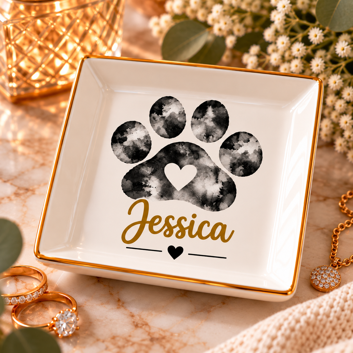 Personalized Paw Print Jewelry Dish, Custom Pet Name Trinket Tray, Gold Heart Ring Holder, Pet Lover Gift