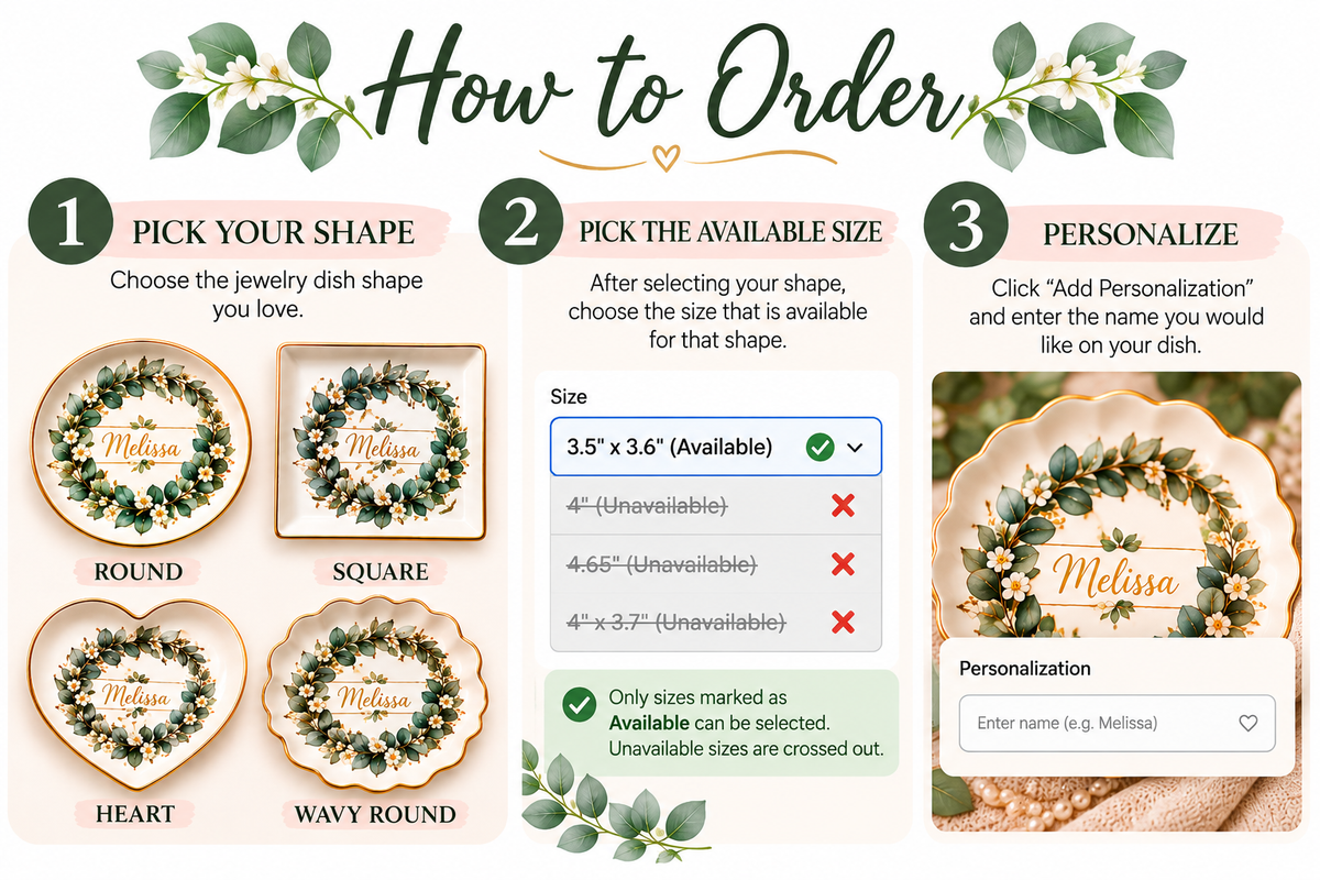 Personalized Botanical Jewelry Dish, Custom Name Trinket Tray, Eucalyptus Floral Ring Holder, Elegant Gift for Her