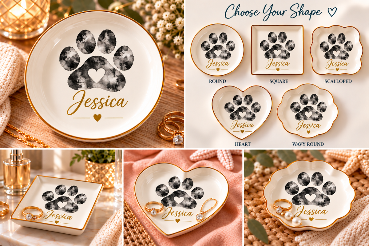 Personalized Paw Print Jewelry Dish, Custom Pet Name Trinket Tray, Gold Heart Ring Holder, Pet Lover Gift