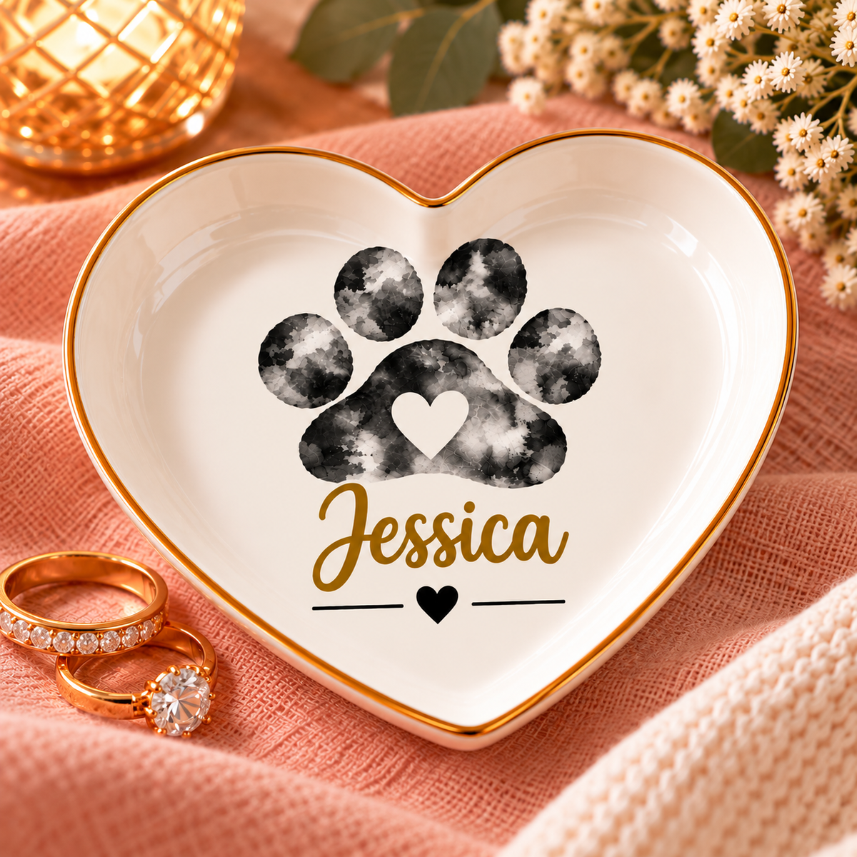 Personalized Paw Print Jewelry Dish, Custom Pet Name Trinket Tray, Gold Heart Ring Holder, Pet Lover Gift