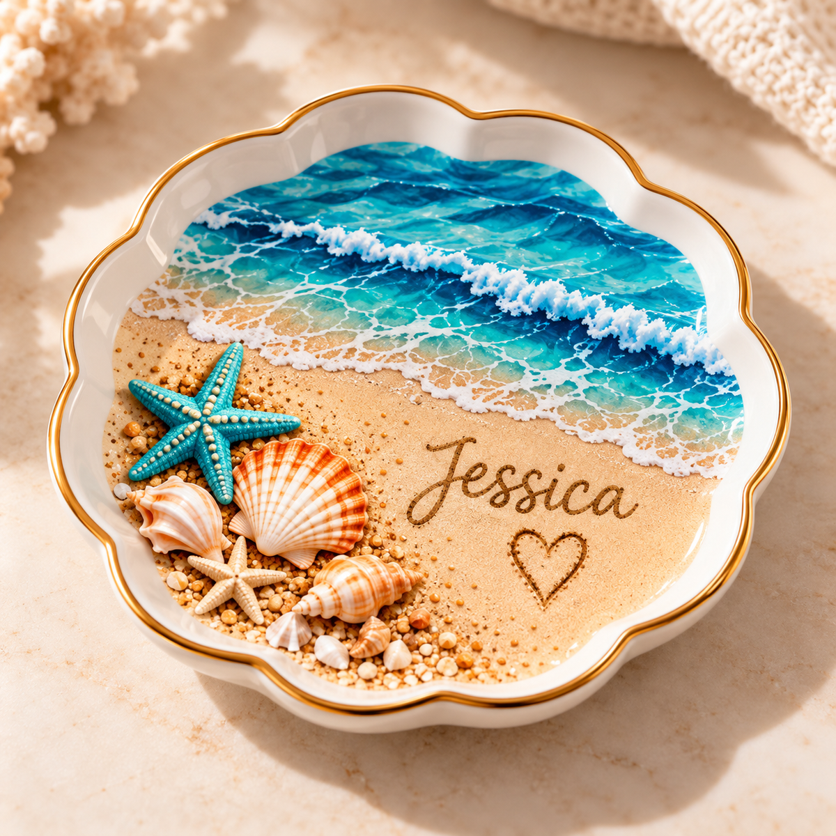 Personalized Beach Jewelry Dish, Custom Name Trinket Tray, Ocean Starfish Ring Holder, Coastal Gift for Her