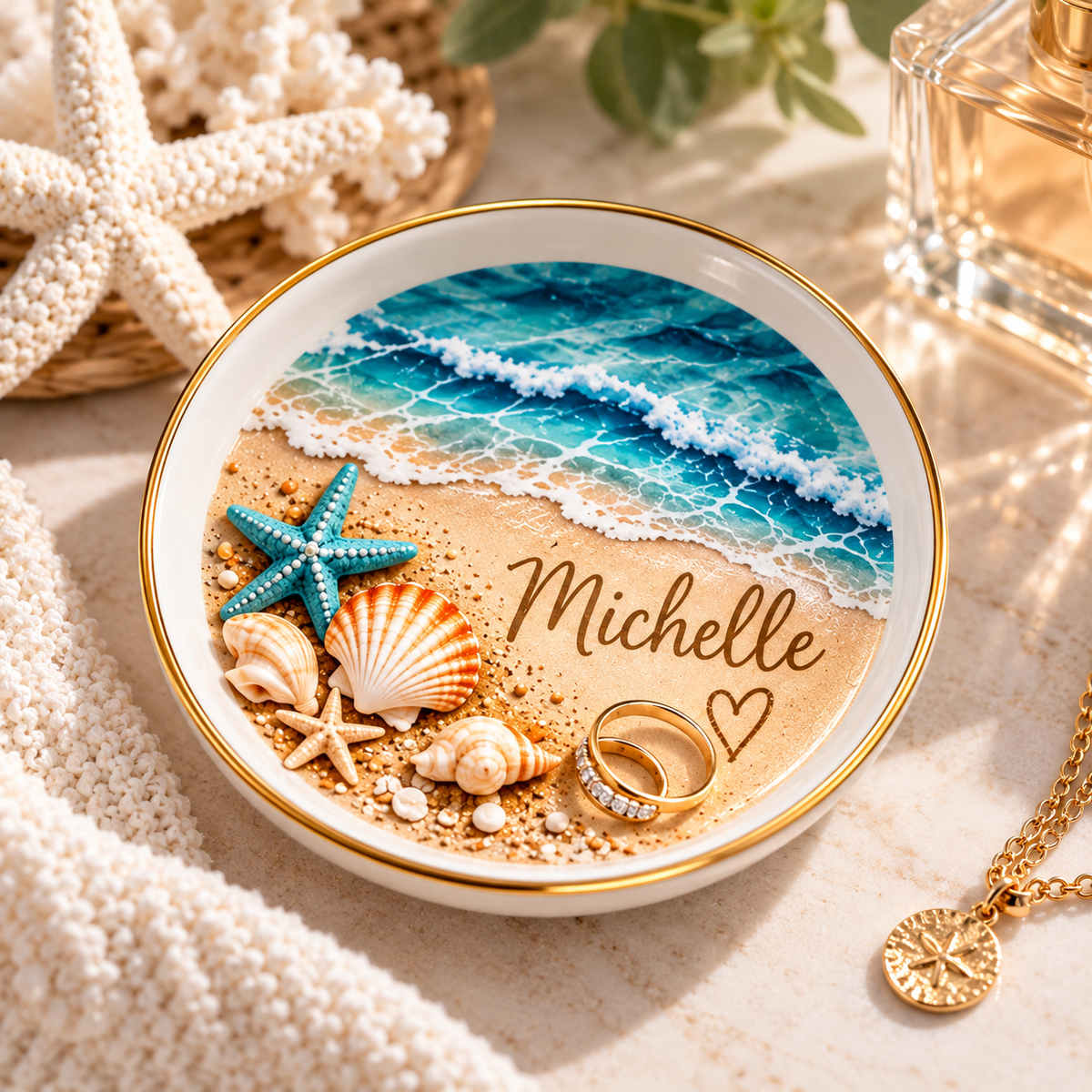 Personalized Beach Jewelry Dish, Custom Name Trinket Tray, Ocean Starfish Ring Holder, Coastal Gift for Her