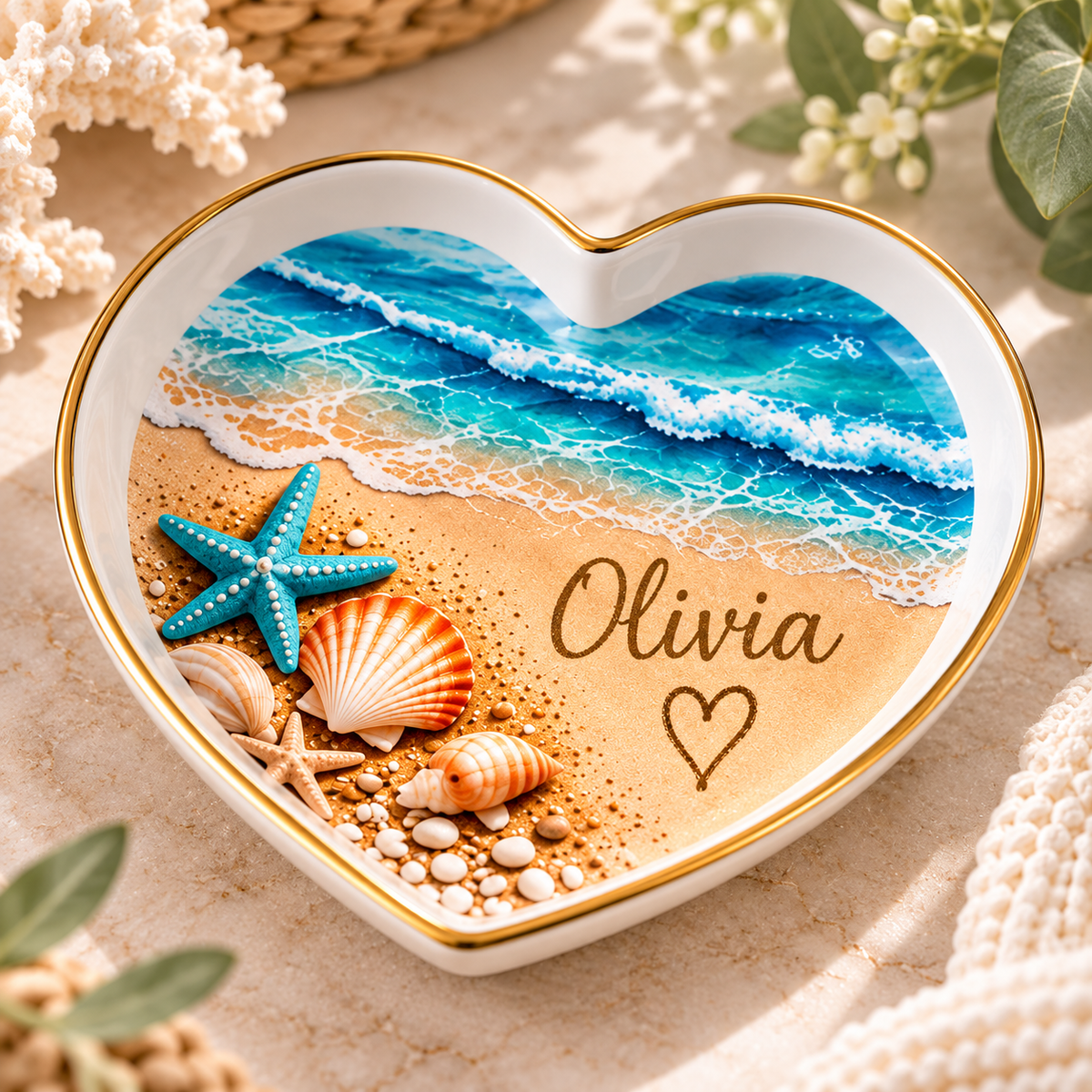 Personalized Beach Jewelry Dish, Custom Name Trinket Tray, Ocean Starfish Ring Holder, Coastal Gift for Her