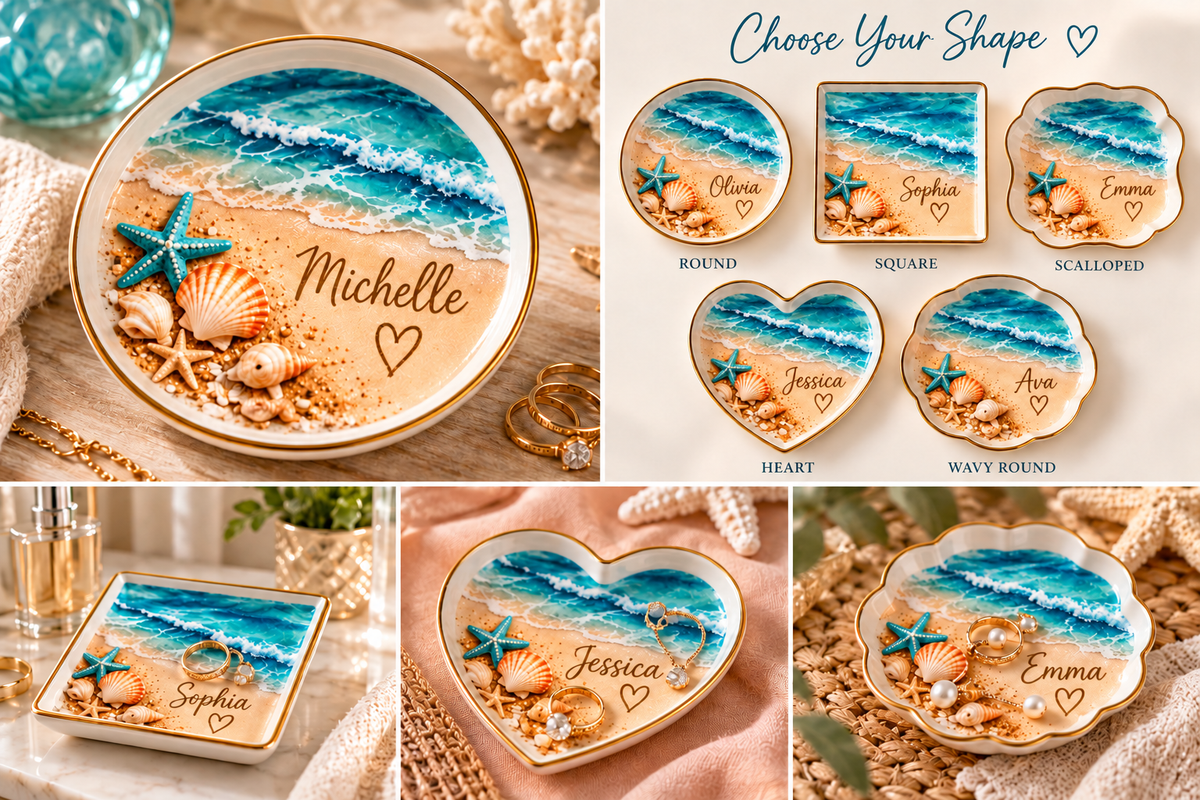 Personalized Beach Jewelry Dish, Custom Name Trinket Tray, Ocean Starfish Ring Holder, Coastal Gift for Her