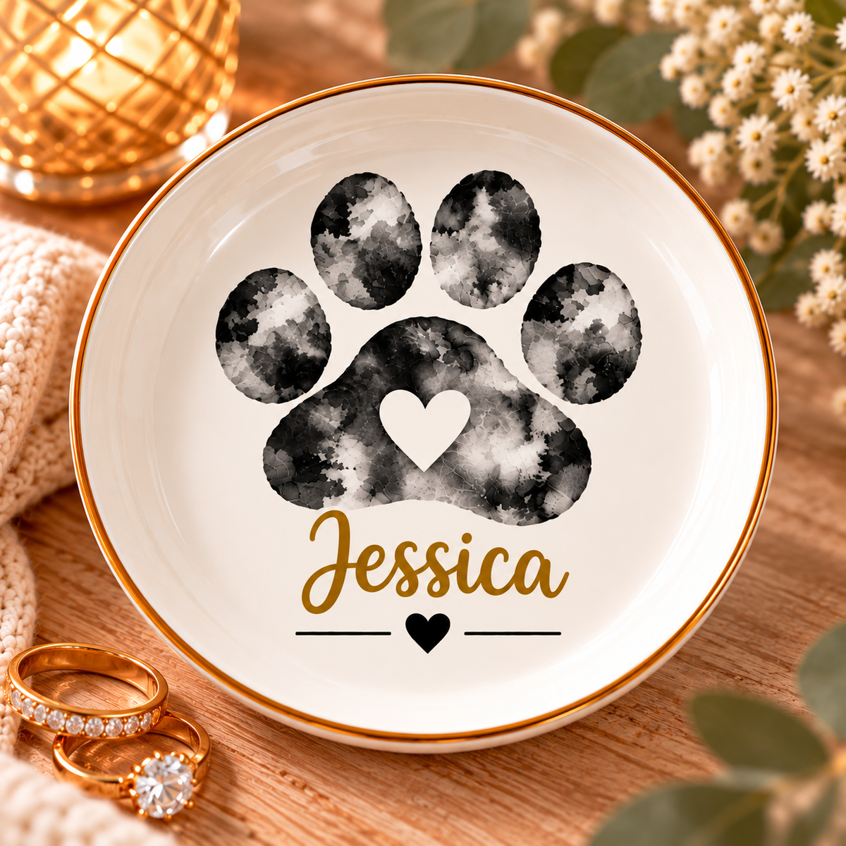 Personalized Paw Print Jewelry Dish, Custom Pet Name Trinket Tray, Gold Heart Ring Holder, Pet Lover Gift