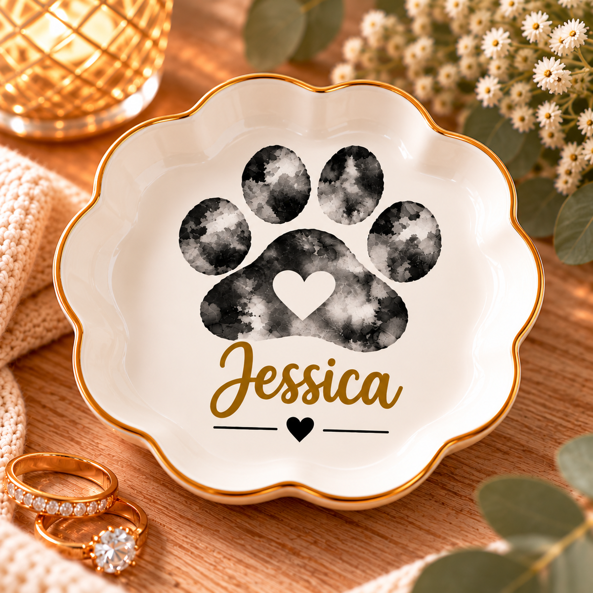 Personalized Paw Print Jewelry Dish, Custom Pet Name Trinket Tray, Gold Heart Ring Holder, Pet Lover Gift