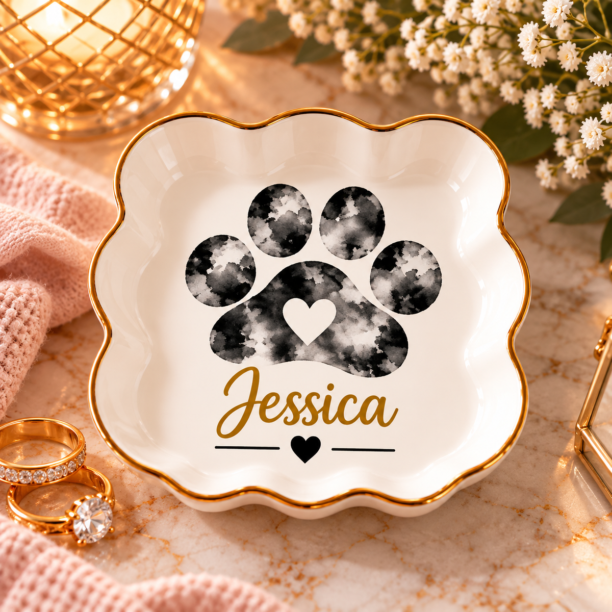 Personalized Paw Print Jewelry Dish, Custom Pet Name Trinket Tray, Gold Heart Ring Holder, Pet Lover Gift