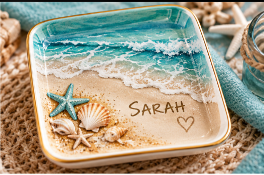 Personalized Beach Jewelry Dish, Custom Name Trinket Tray, Ocean Starfish Ring Holder, Coastal Gift for Her