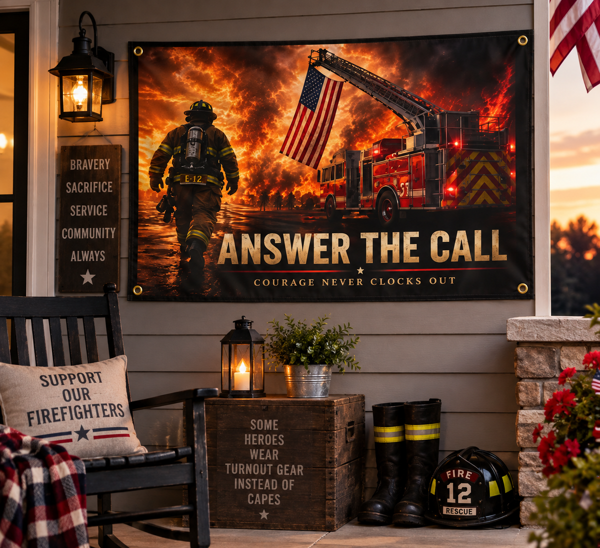 Answer the Call Firefighter Wall Flag | Courage Never Clocks Out