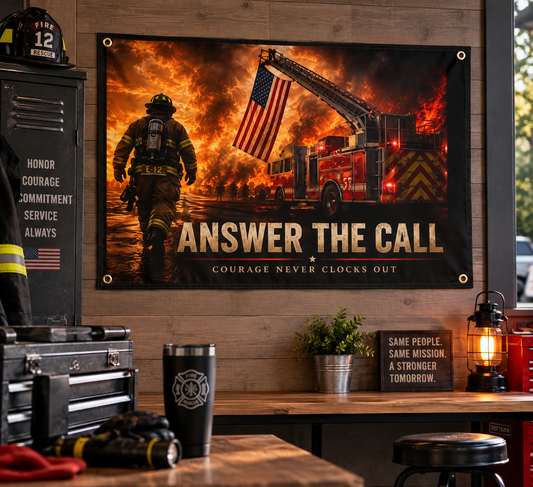 Answer the Call Firefighter Wall Flag | Courage Never Clocks Out