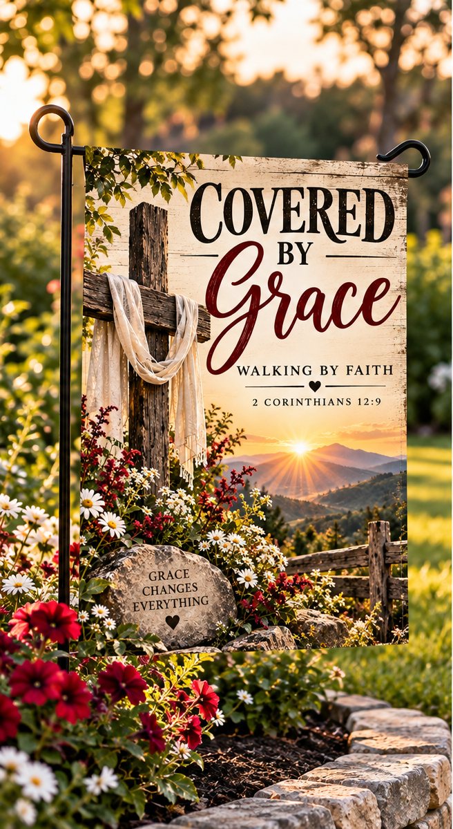 Covered by Grace Garden Flag – Christian Faith Flag, Walking by Faith, 2 Corinthians 12:9