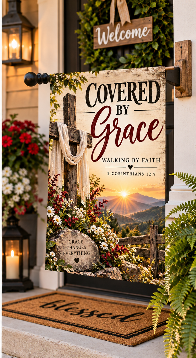 Covered by Grace Garden Flag – Christian Faith Flag, Walking by Faith, 2 Corinthians 12:9
