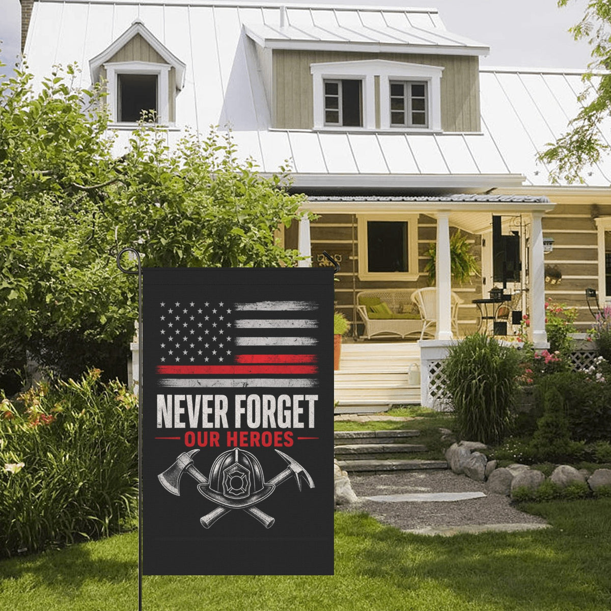 Never Forget Our Heroes Firefighter Garden Flag | Memorial Tribute Flag 36x60 inch（Made in USA）
