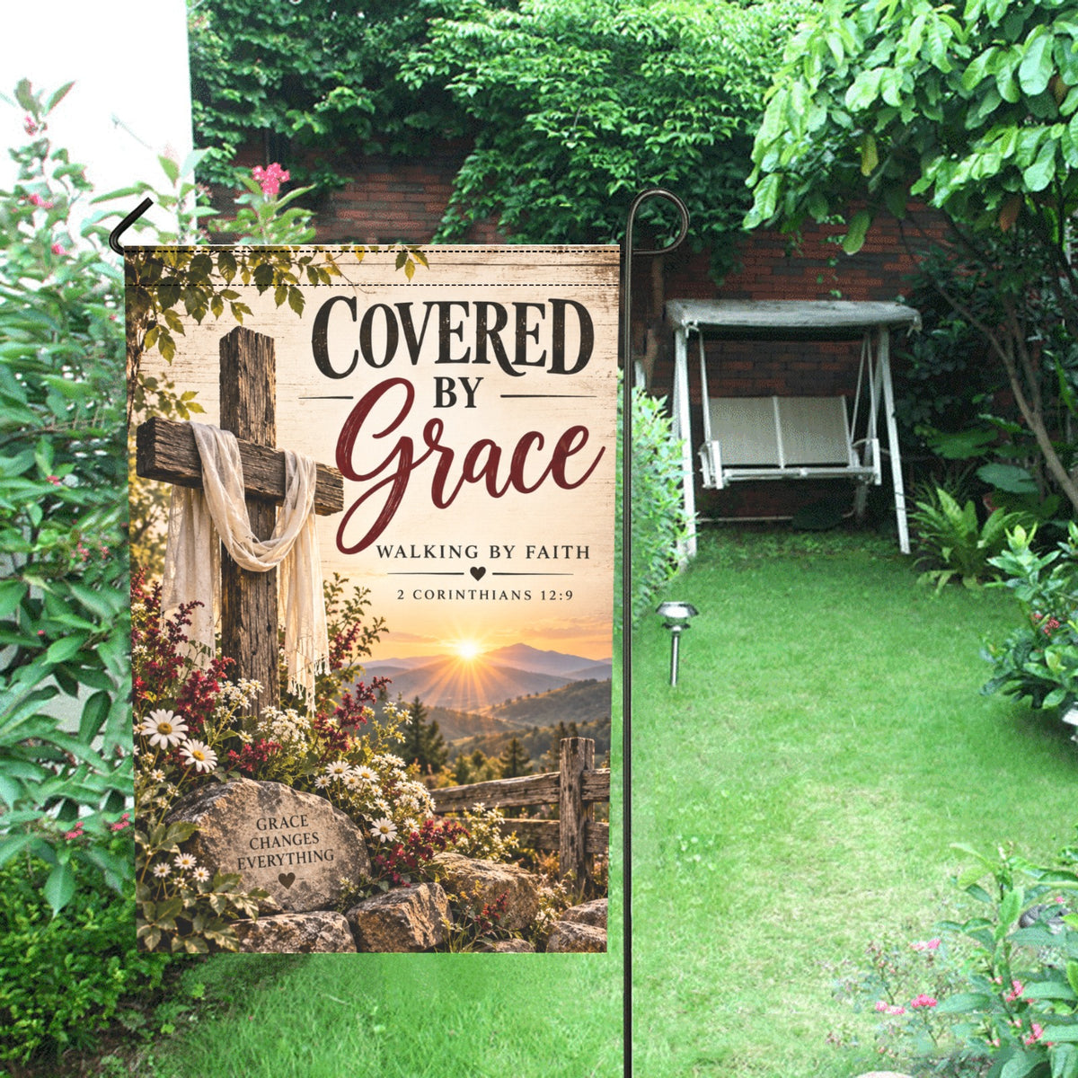 Covered by Grace Garden Flag – Christian Faith Flag, Walking by Faith, 2 Corinthians 12:9